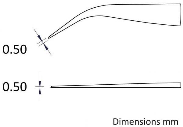 The image displays two technical drawings. At the top is a curve with a point in the middle, and below it, a straight line. Both parts feature a representation of 0.50 mm.