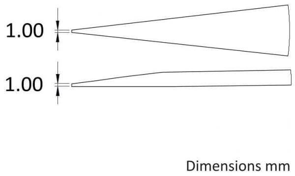 The image shows two simplified, trapezoidal objects in top view. Both have a height of 1 mm, the upper one is sharper, the lower one flatter. Labels indicate the dimensions in millimeters.