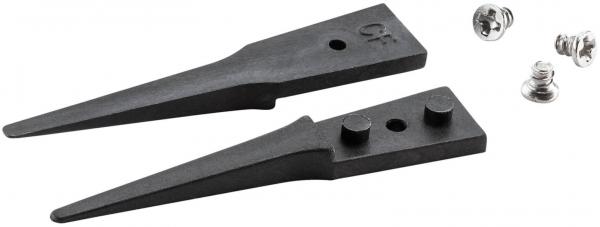 The image shows two black, pointed metal parts that look like blades, along with two small silver screws. The parts are flat and each has two indentations.