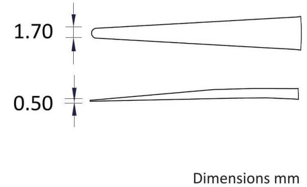 The image shows two rectangles of different sizes. The upper one is 1.70 mm thick and tapers to a point, the lower one is 0.50 mm thick and also tapers. Both are simply sketched.