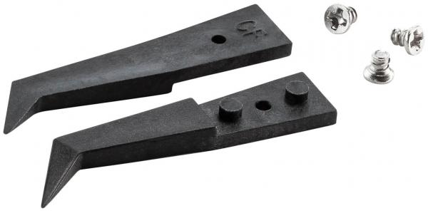 The image shows two black metal parts that taper to a point, as well as two silver screws. Each part has two small holes and they may be tools or fasteners.