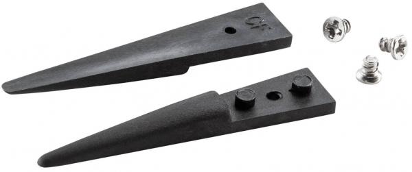 The image shows two black, pointed plastic parts, likely brackets or supports, as well as two metal screws for mounting.