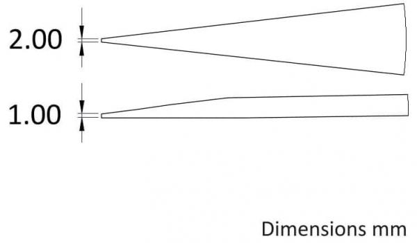 The image shows two conical shapes. The upper one has a height of 2 mm, the lower one has a height of 1 mm. Both shapes taper upwards and are shown in side view.
