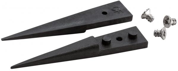The image shows two sharp, black wedges that taper to a point at the ends. Next to the wedges are three silver screws.
