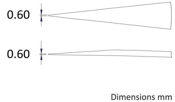 The image displays two schematic representations of shapes with a width of 0.60 mm. The top shows a conical tapering shape, while the bottom depicts a flatter, elongated shape.