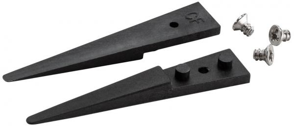 In the picture, there are two black-colored, pointed individual parts that look like brackets. Additionally, there are some small silver screws. The materials are solid and sturdy.