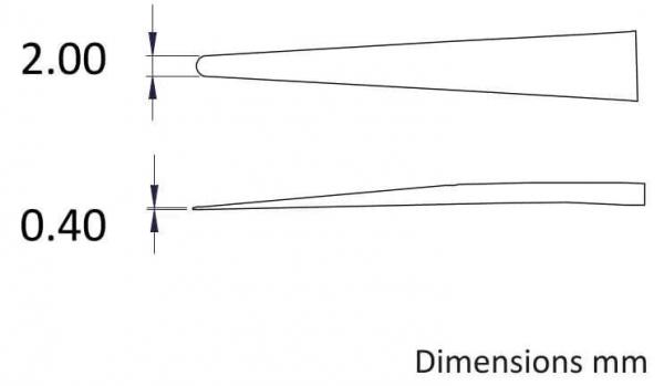 The image displays two profiles in side view. The top profile has a narrow, tapered shape with a width of 2 mm, while the bottom profile has a flatter contour with a width of 0.4 mm. Dimensions are provided.