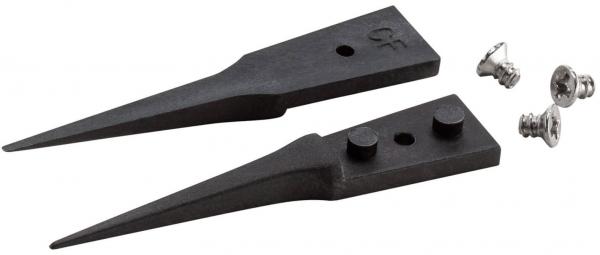 The image shows two black, pointed metal parts that are flat at the ends. Next to them are two silver screws. The parts could be part of a tool or accessory.