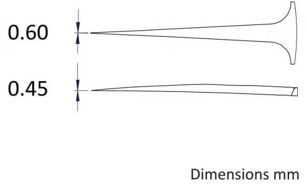 The image shows two pointed objects with different widths at their tips. The upper one has a width of 0.60 mm and the lower one has a width of 0.45 mm. Below it says "Dimensions mm".