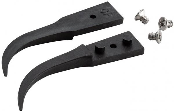 The image shows two black metal claws with rounded tips. Next to them are small silver screws. The claws each have two mounting holes.