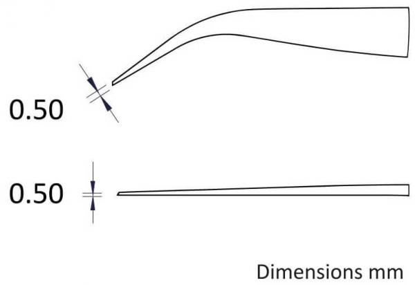 The image shows two elongated, narrow shapes, one with a curved tip and the other straight, both with measurements of 0.50 mm. Below it reads "Dimensions mm".