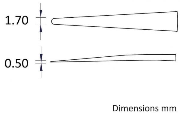 Das Bild zeigt zwei Objekte: oben ein spitz zulaufendes, dickes Objekt mit 1,70 mm Breite und darunter ein dünneres mit 0,50 mm. Die Beschriftung "Dimensions mm" befindet sich am unteren Rand.