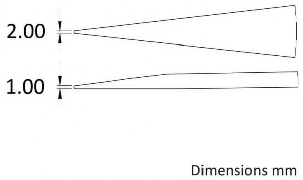 Das Bild zeigt zwei konische Formen. Die obere hat einen Durchmesser von 2,00 mm, die untere von 1,00 mm. Beide sind auf der linken Seite mit Maßlinien versehen. Rechts steht "Dimensions mm".