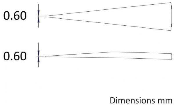 Das Bild zeigt zwei lineare Formen mit der Maßangabe 0,60 mm. Die obere Form ist spitz und die untere ist schmal und flach, beide sind skizzenhaft dargestellt.