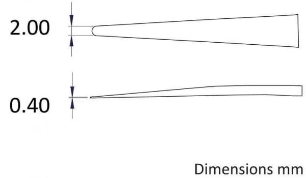 Das Bild zeigt zwei skizzierte Formen mit Maßen. Oben ist die Form 2,00 mm dick, unten 0,40 mm. Die Linien sind schmal und verlaufen gleichmäßig zu einer Spitze. Rechts steht "Dimensions mm".