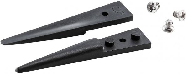 The image shows two black, bent plastic parts that look like tips, as well as some small silver screws. The parts are intended for assembly or attachment.