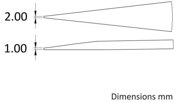 The image displays two slender, cone-shaped forms of varying lengths. The upper cone has a height of 2 mm, while the lower one is 1 mm. The dimensions are provided.