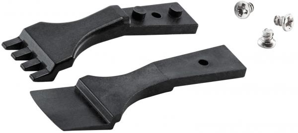 The image shows two black tools: a scraper with a flat edge and another with three teeth. Next to them are three silver screws. They are sturdy and functional.