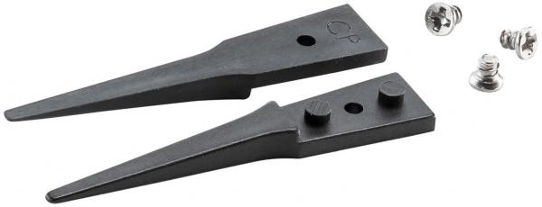 The image shows two black, pointed pieces with a flat base, shaped like nails, as well as two silver screws. These parts could be used for a connection or fastening.