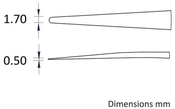 The image shows two elongated objects of different widths. On the left is a thinner end measuring 1.70 mm and on the right an even narrower end measuring 0.50 mm. Both are depicted in a stylized manner.
