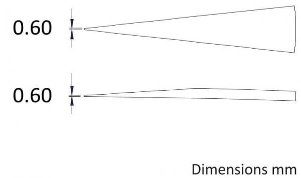Das Bild zeigt zwei Linienzeichnungen mit identischen Maßen von 0,60 mm. Die obere Linie hat eine spitze Form, die untere eine gerade, flachere Form.