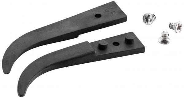 The image shows two black plastic parts with a curved shape that look like levers. Next to them are two small silver screws. The parts could belong to a tool or device.
