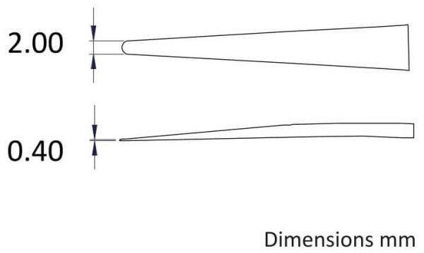 The image displays two schematic drawings of a shape or an object with specified dimensions: top 2.00 mm and bottom 0.40 mm. The shapes are slender and taper to a point.
