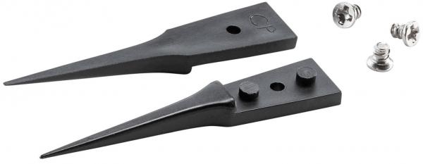 The image shows two black pointed metal pieces, shaped like hooks, each with two indentations. Next to them are two small, round, silver screws.