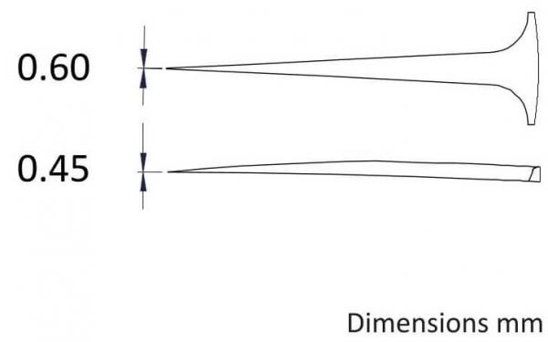 The image shows two geometric lines of different widths: a thick line (0.60 mm) and a thin line (0.45 mm). Both lines are sharp and run vertically.