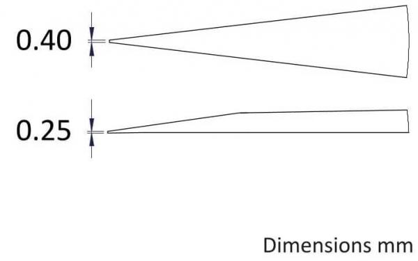 The image shows two narrow, pointed shapes. The top one has a width of 0.40 mm, the bottom one 0.25 mm. On the right it says "Dimensions mm".