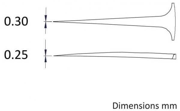 The image shows two elongated, pointed objects of different thicknesses: one measures 0.30 mm and the other 0.25 mm. The measurements are labeled on the right.