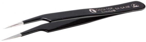 The image shows a black tweezer with two pointed ends. The handles are narrow and smooth. A silver logo and lettering are embossed on the surface.
