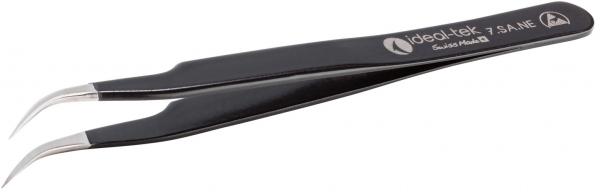 The image shows a black tweezer with slightly curved tips. It has a smooth surface and a logo on the side. The ends are precise and ideal for delicate tasks.