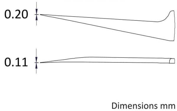 Das Bild zeigt zwei Linien mit unterschiedlichen Dicken: die obere misst 0,20 mm und die untere 0,11 mm. Rechts steht "Dimensions mm". Beide Linien sind spitz zulaufend.
