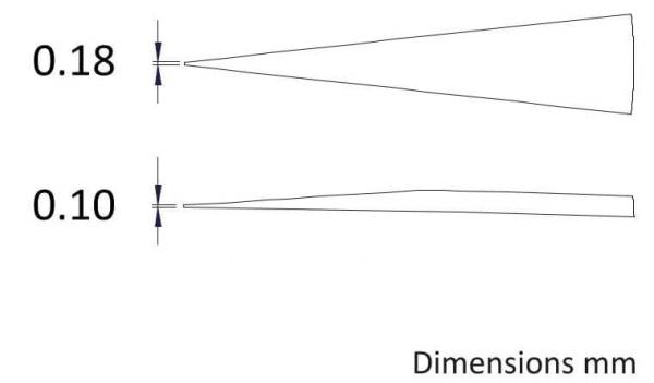 The image displays two narrow, conical shapes. The upper one has a width of 0.18 mm, the lower one 0.10 mm. Both shapes are sketched, with dimensions on the side.