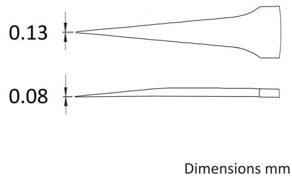 Das Bild zeigt zwei verschiedene geometrische Formen, die spitz zulaufen. Die obere hat eine Breite von 0,13 mm, die untere von 0,08 mm. Beide sind schematisch skizziert.