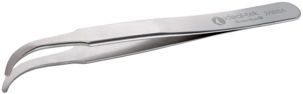In the image, there is a stainless steel shovel tongs. It has two narrow, curved tips that open and close when squeezed, and it is slightly curved.