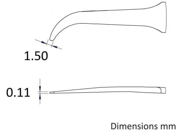 The image displays a technical drawing of an object with two dimensions: 1.50 mm for the width and 0.11 mm for the thickness. It features a narrow, curved shape.