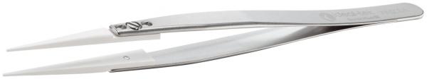 The image shows a narrow, metallic tweezer with long, pointed tips. It has a smooth surface and a slightly curved handle. Ideal for grasping small objects.