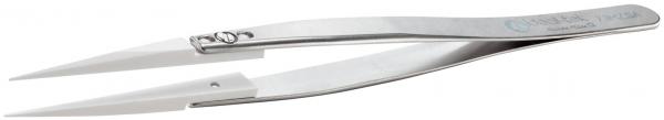 In the picture, there is a sharp, silver stainless steel tweezer. It has two sharp, elongated ends that taper to a point, and a clear, clean surface.