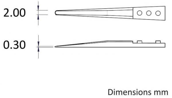The image shows a technical drawing of an object with dimensions of 2.00 mm and 0.30 mm, as well as three holes on one side. The view is from the side and from above.