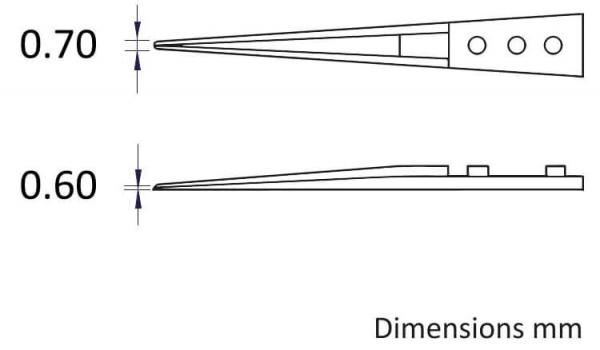 Das Bild zeigt technische Zeichnungen eines Objekts in zwei Ansichten. Oben eine Seitenansicht mit einer Länge von 0,70 mm, unten eine Ansicht mit einer Dicke von 0,60 mm. Maße sind angegeben.