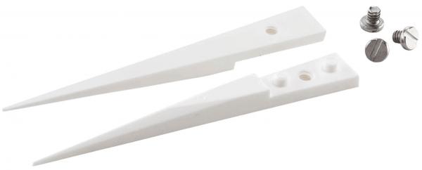 The image shows two white, pointed parts, similar to wedges, and a few screws with corresponding heads. Each part has a hole for attachment.
