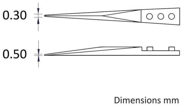 The image displays a technical drawing with two views of an object. The dimensions 0.30 mm and 0.50 mm are indicated at the top and bottom, respectively. Narrow, pointed shapes are visible.
