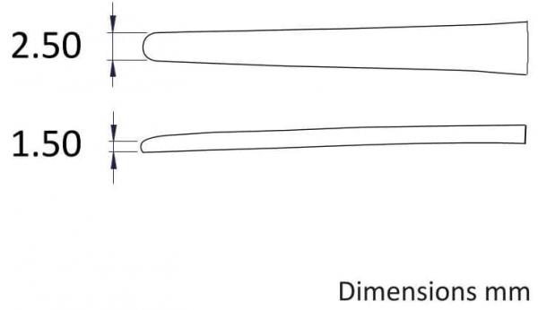 The image shows two linear shapes, one on top with a width of 2.50 mm and one on the bottom with 1.50 mm. The dimensions are listed on the left. On the right it says "Dimensions mm".