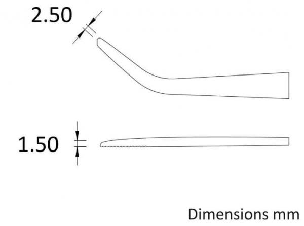 The image displays technical drawings of a component with two dimensions in millimeters: a height of 2.50 and another of 1.50. Below, the measurements are labeled as "Dimensions mm".