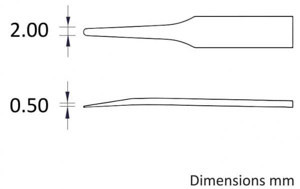 The image shows two thin, elongated shapes of different widths: the top one is 2.00 mm wide, the bottom one is 0.50 mm wide. Both are sketched in a technical style.