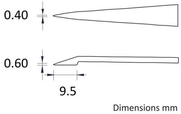 The image displays two technical drawings of tips with different dimensions. The top features a pointed shape with a width of 0.40 mm, below it another shape with a width of 0.60 mm and a length of 9.5 mm.
