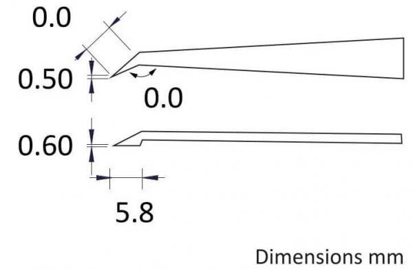 The image displays technical drawings of an object with dimensions in millimeters. There are two views, one with narrow edges and one with a rounded end. Dimensions are schematically provided.