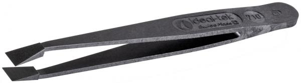 The image shows a black tweezer with one pointed and one flat tip. The surface is smooth and features a logo as well as a numerical marking. The tweezer is narrow and elongated.